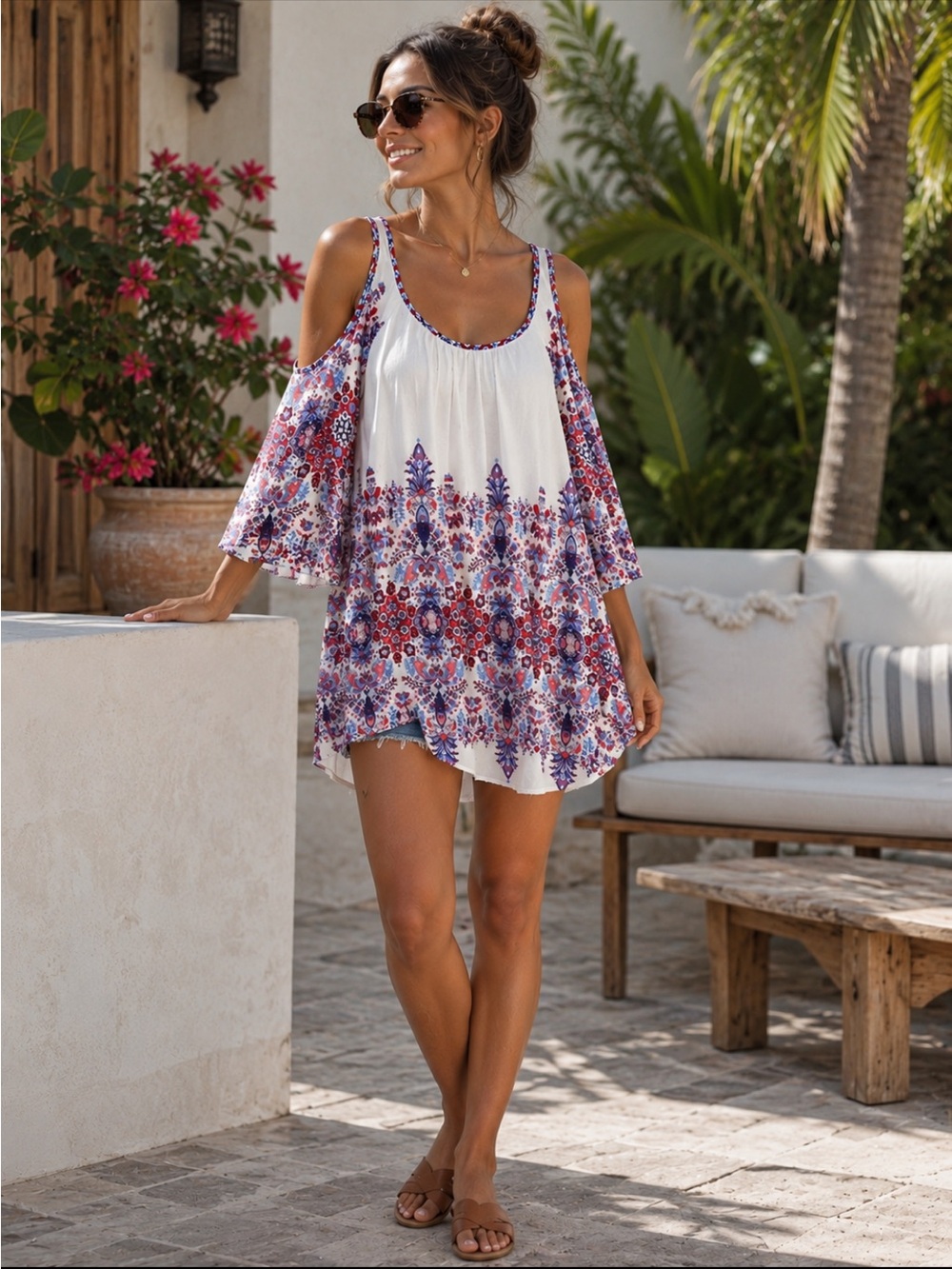 fig and flower White Cold-Shoulder Tunic with Red & Blue Medallion Print